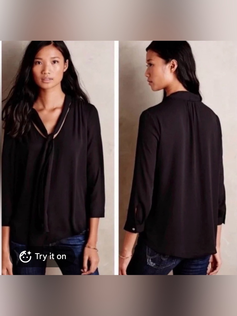 Anthropologie HD in Paris Black Tie-Neck Blouse